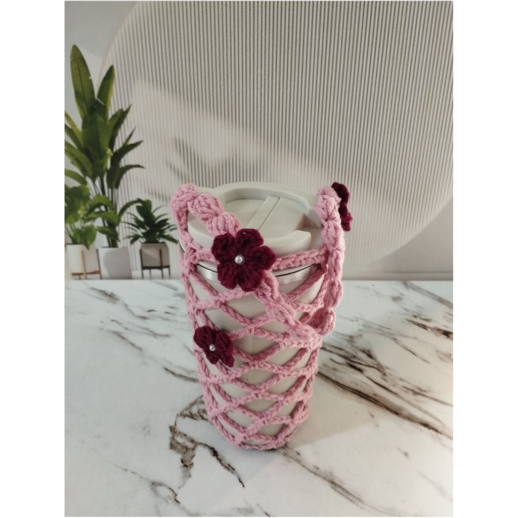 [HANDMADE] Tas Botol Minum Rajut Karakter Bunga / Sarung Tumbler Rajut Korea Premium / Bottle Holder