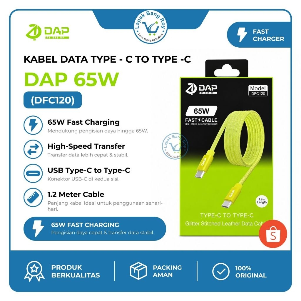 Kabel Data DAP Type-C to Type-C 65W Fast Charging 1.2M | DFC120 Original