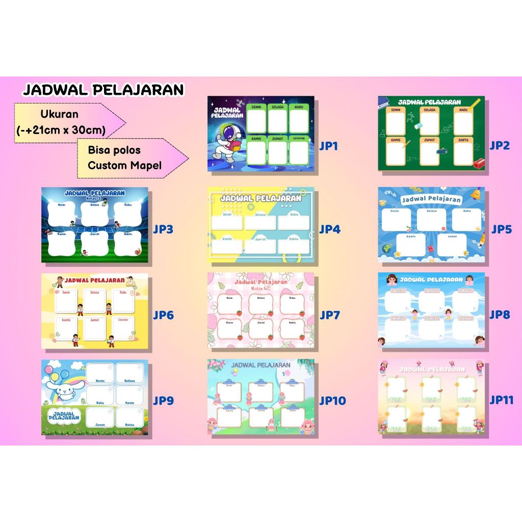Jadwal Pelajaran Custom Mata Pelajaran Ukuran 21cm x 29cm Kertas Tebal untuk Stationery