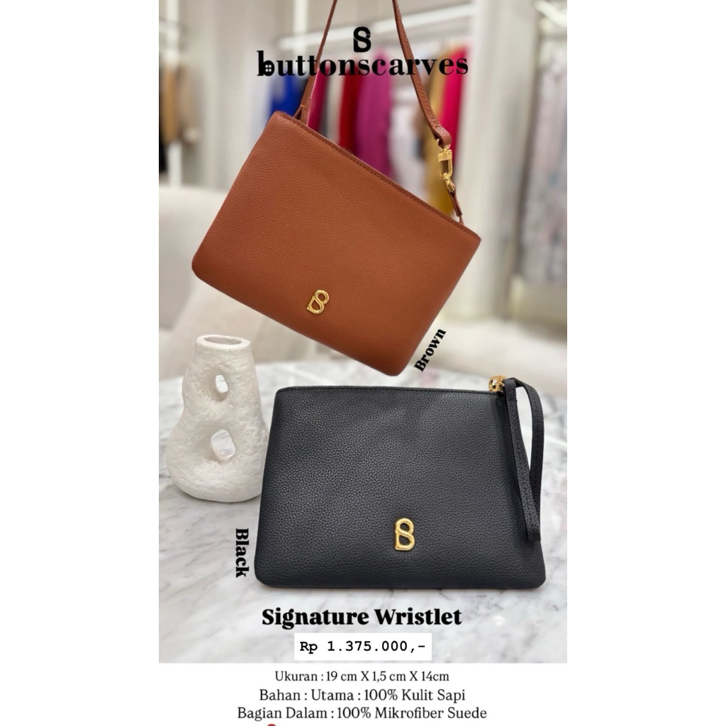 BUTTONSCARVES SIGNATURE WRISTLET BROWN AND BLACK NEW LEATHER TAS BS BUKAN BEKAS PRELOVED SECOND BALI