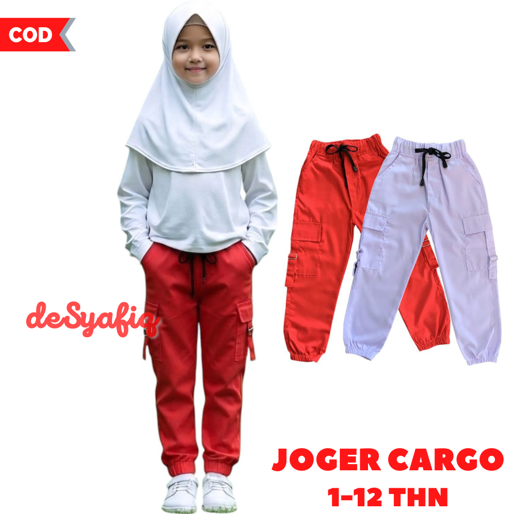 Celana Chino Joger Cargo Merah putih (unisex) 1-12 tahun