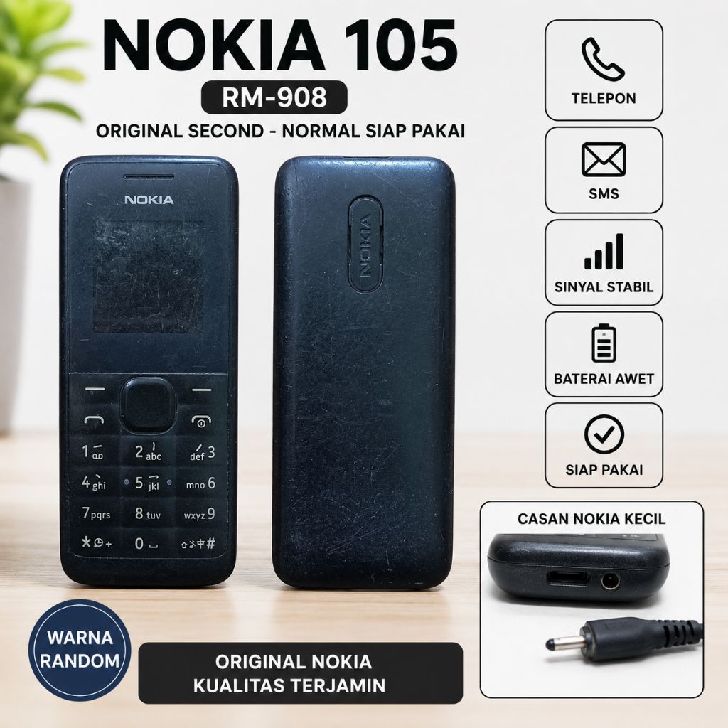 Nokia 105 RM-908 Original Second Normal Siap Pakai HP Jadul GSM Single SIM Warna Random