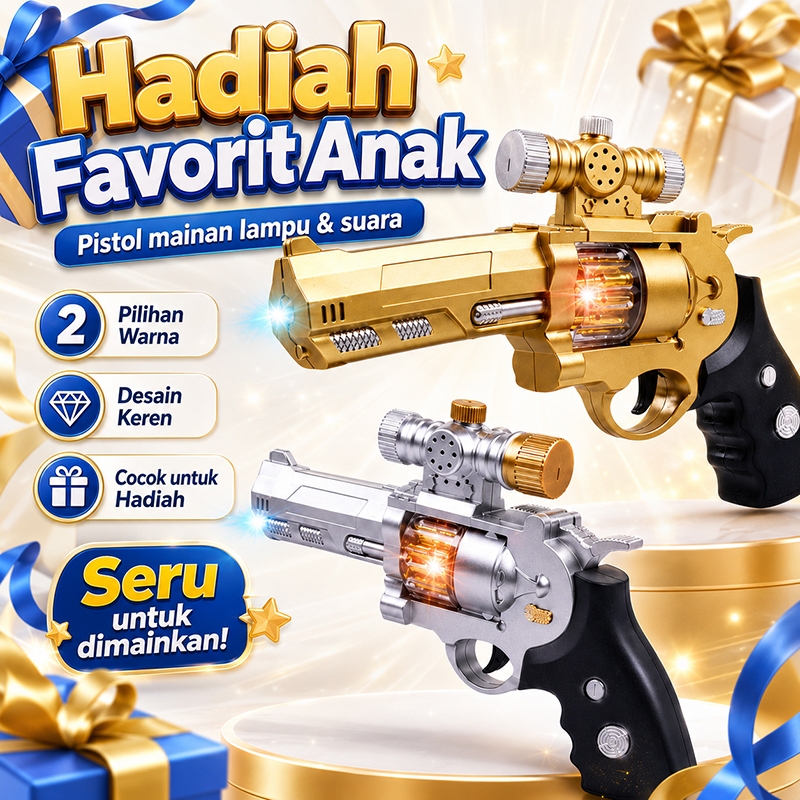 Pistol Mainan Revolver Anak dengan Efek Lampu LED, Suara Tembakan & Putar Berulang   pistol mainan a