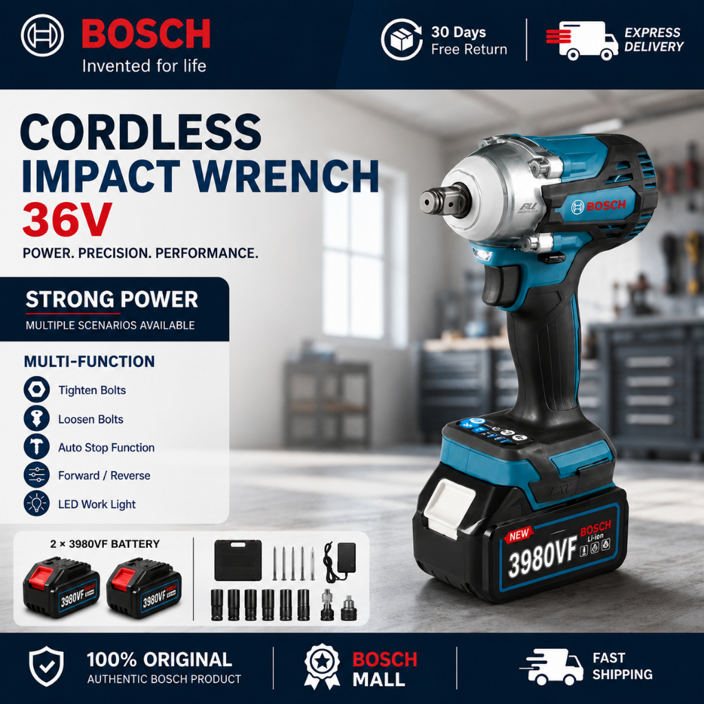 Bosch Cordless Impact Wrench 36V 2 Baterai 3980VF Kunci Impact Listrik Rechargeable Set Socket