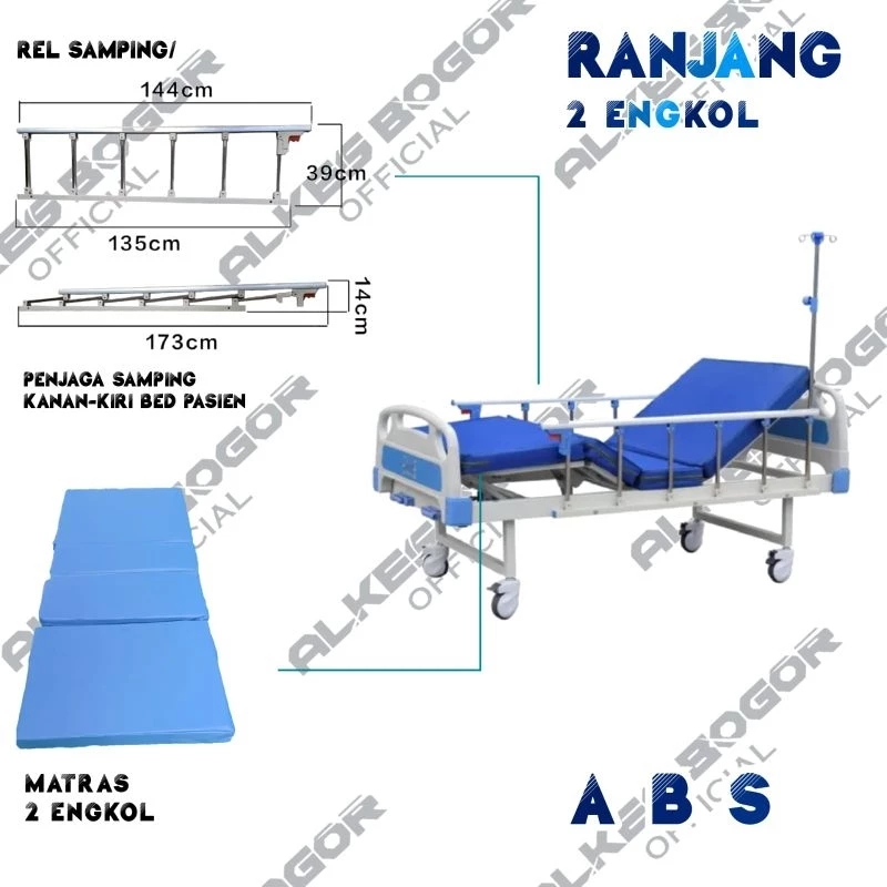 Bed Pasien Ekonomis 2 Crank/Engkol ABS Ranjang Elektrik Medis |  Side Rail Kupu-kupu Rumah Sakit Med