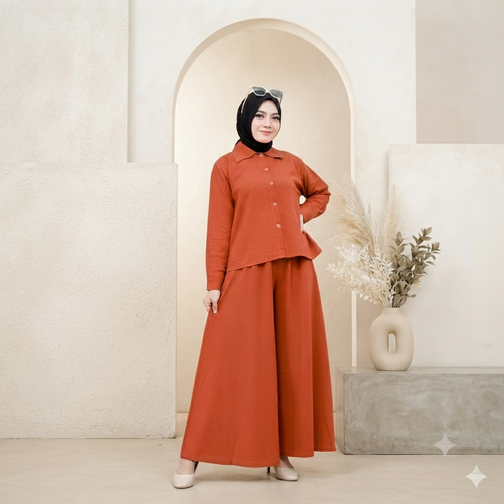 D.Clo - Zhairin Set Wanita Remaja Setelan Blus Dan Celana Palazo Linen Rami