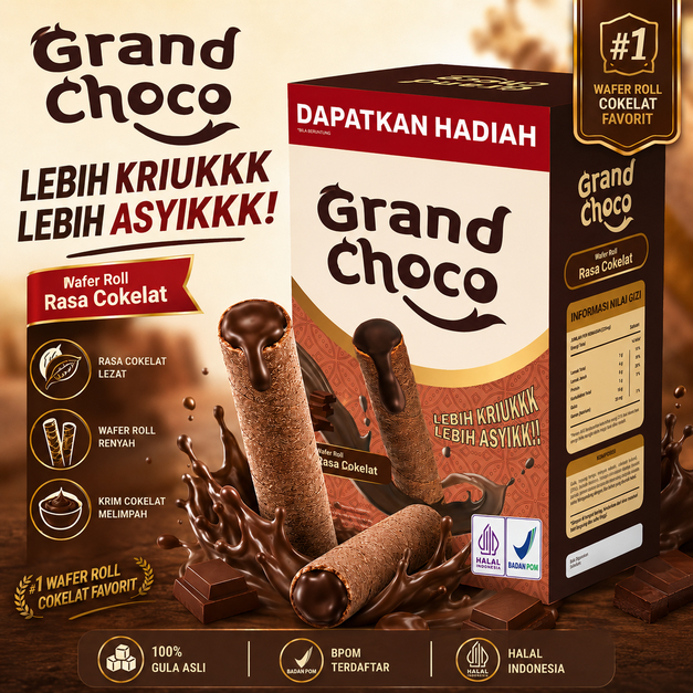 Grandchoco Rasa Coklat | Wafer Roll Renyah, Kriuk, Isian Pasta Melimpah