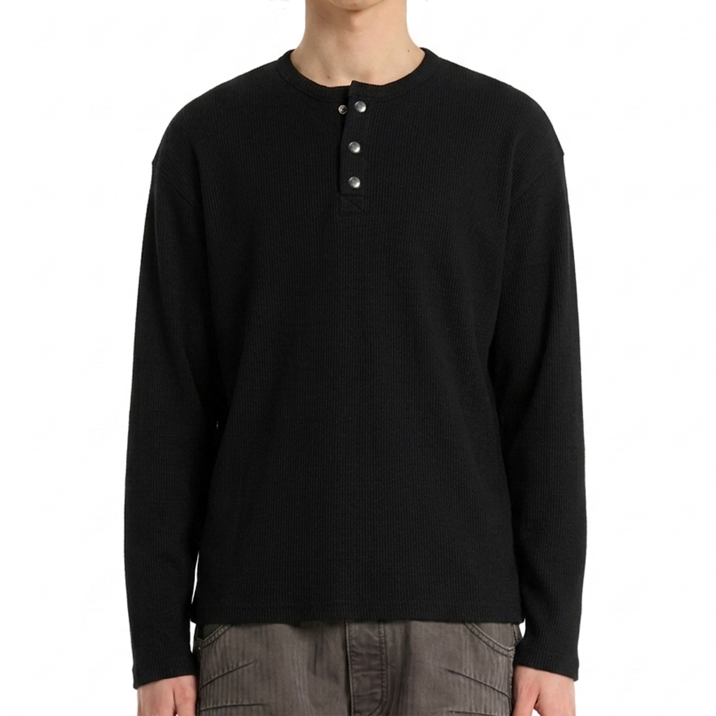SOMMA - Noir Henley Shirt Metal Button Longsleeve Black