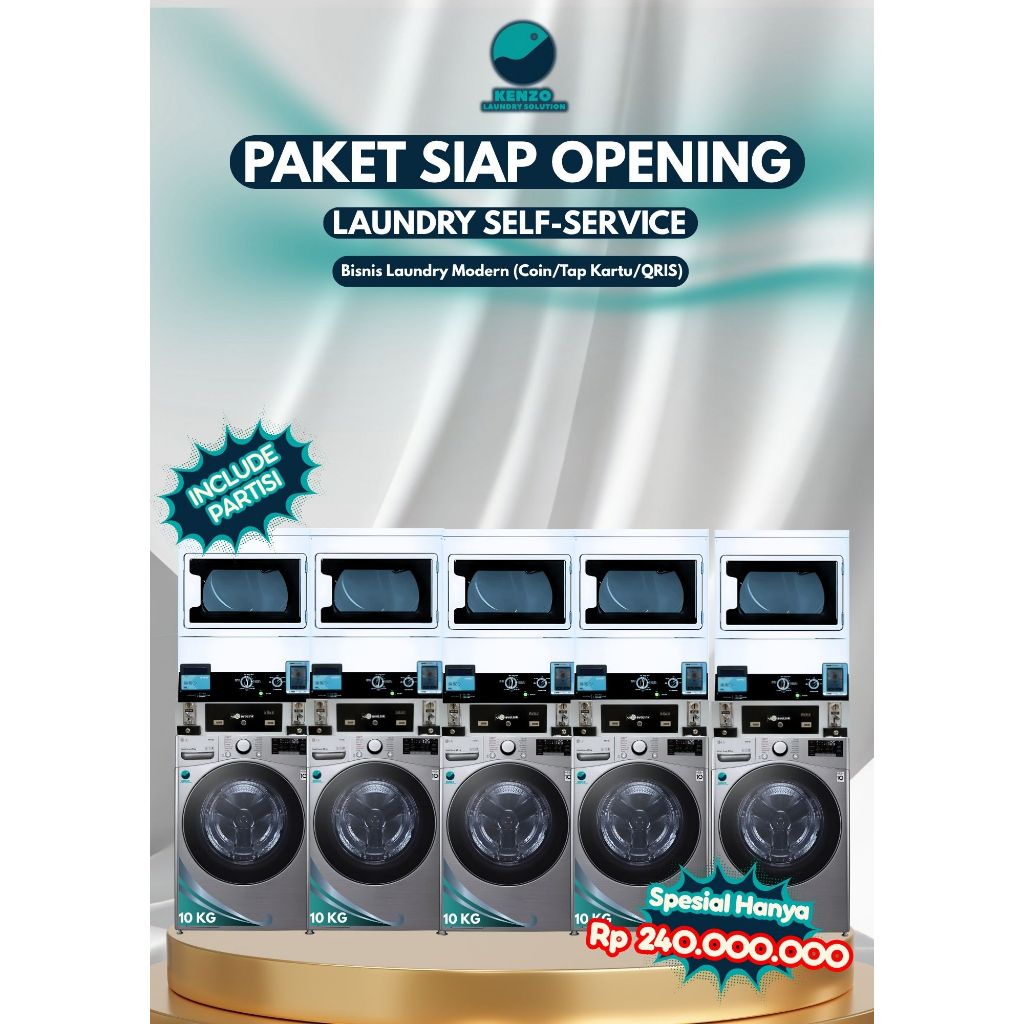 Paket Laundry Self Service Komersial 5 Mesin 10KG | Mesin Cuci Koin QRIS | Cocok untuk Bisnis Laundr