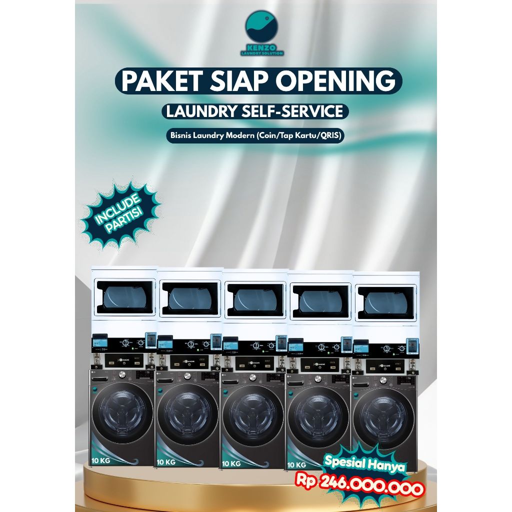 Paket Laundry Self Service 5 Mesin 10KG | Usaha Laundry Otomatis Coin, Tap Card & QRIS Siap Pakai