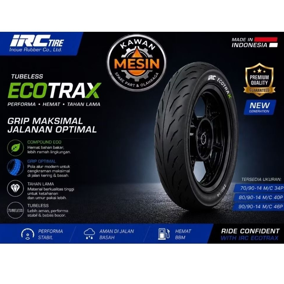 BAN LUAR TUBELESS IRC ECOTRAX:  70/90-14 80/90-14 90/90-14