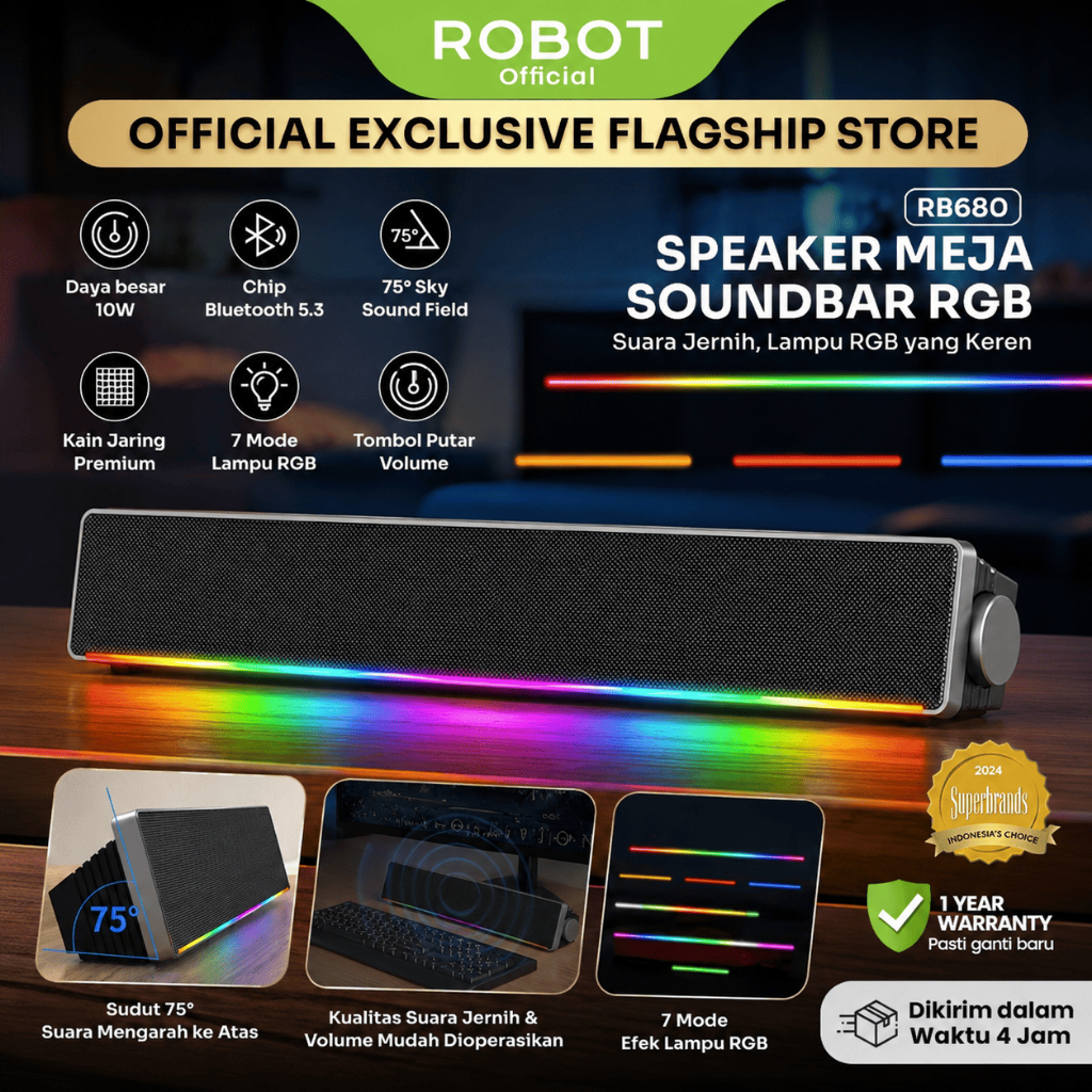 ROBOT Soundbar Speaker RB680 Wireless 5.3 Sky Sound Field 75° Dual Connection Ultra With RGB Light D