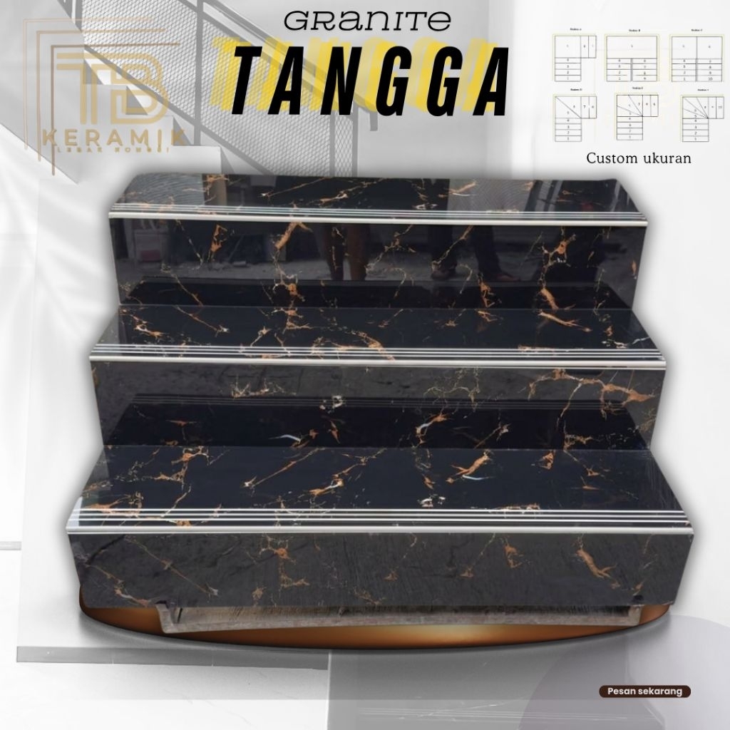 Granit Tangga Custom Ukuran MISSISSIPPI BLACK Glossy / Step Nosing Granit Hitam Mewah Per Set