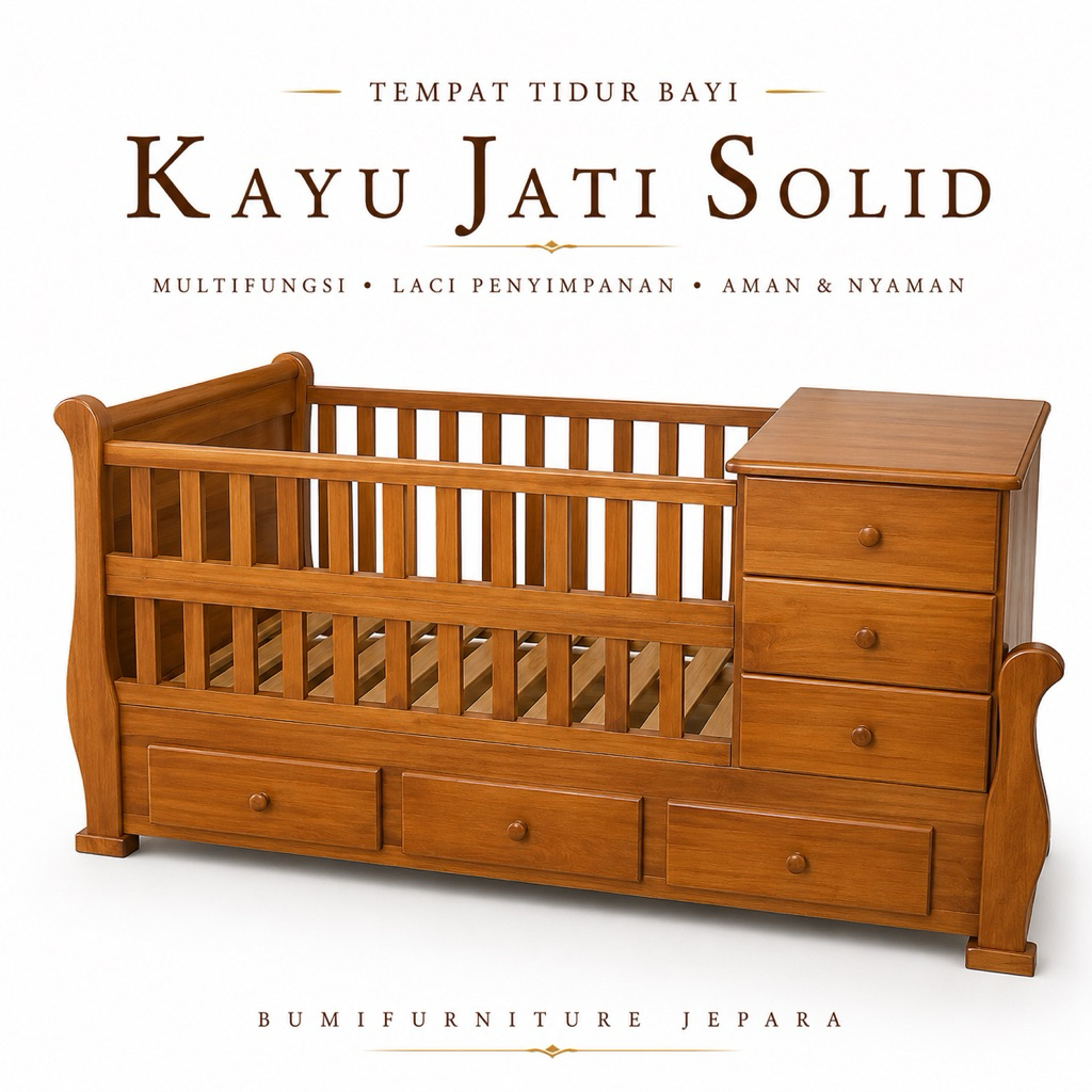 Tempat Tidur Bayi Kayu Jati Minimalis Multifungsi Laci Penyimpanan Baby Bed Premium Jepara