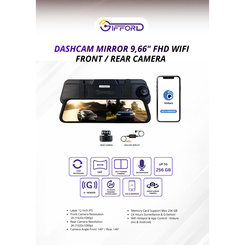 GIFFORD Dashcam Mirror 9,66"  Wifi Front Rear