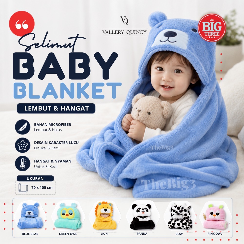 Selimut Bayi Topi Quincy Vallery Karakter - Baby Blanket Hoody - Leo Hamster Pikachu Bear Bona Blue 