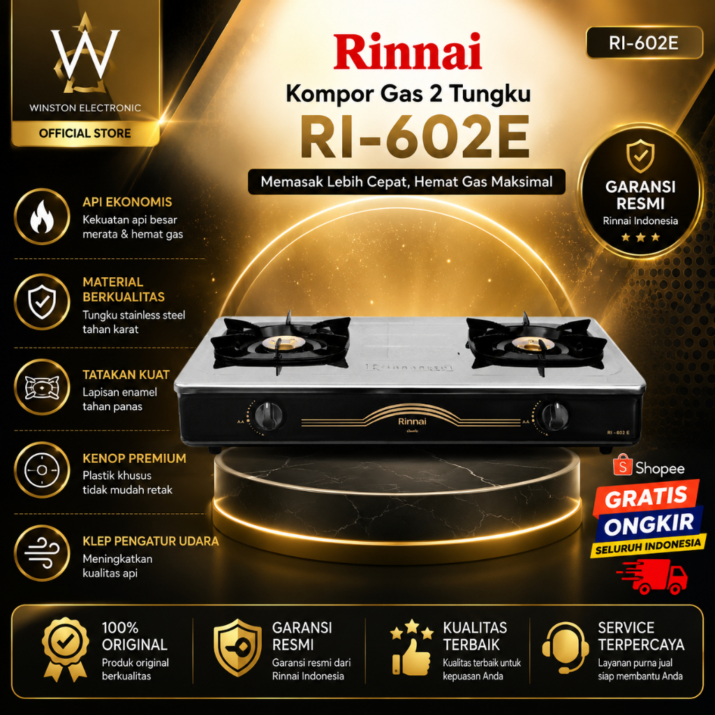 KOMPOR GAS RINNAI 2 TUNGKU RI 602 E/RI 602 E/RI 602/RI602 E/RI 602E/RI602E/ORIGINAL GARANSI RESMI