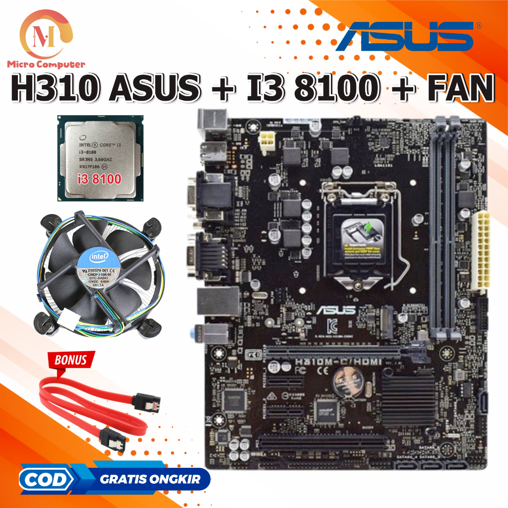 Paket Mobo Mainboard Motherboard H310 LGA 1151 DDR4 + Processor Intel Core i3 8100 Gen 8 + Fan