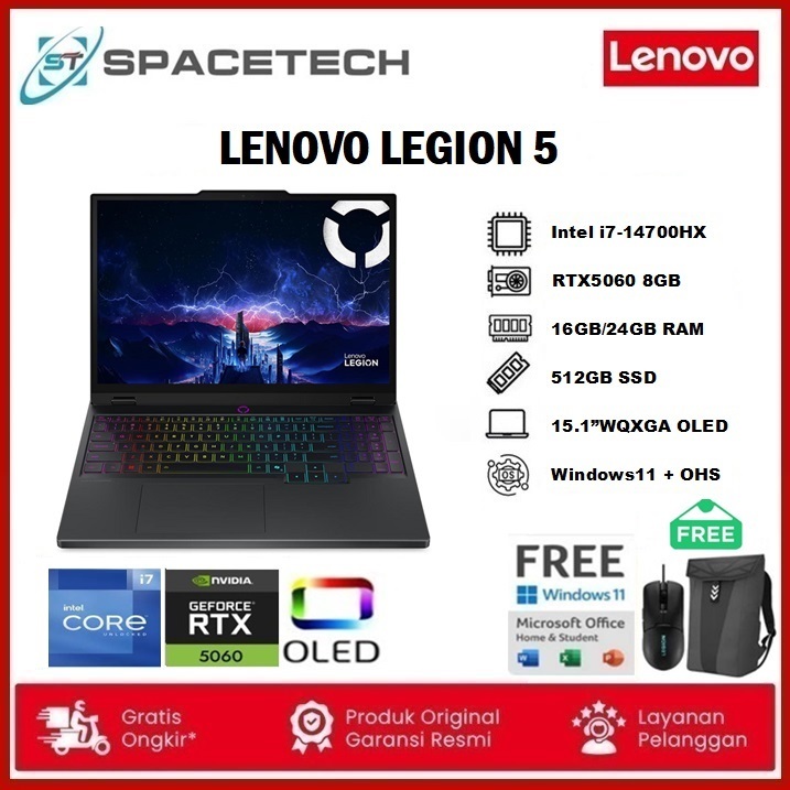 Lenovo Legion 5 i7-14700HX RTX5060 512GB 16GB 15.1"WQXGA OLED Win11 OHS