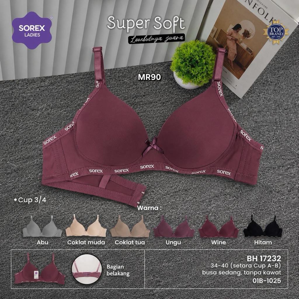 Grosir 3 Pcs Bra BH Sorex 17232 Cup Sedang Setara A-B Busa Tipis Kait 2 Tanpa Kawat