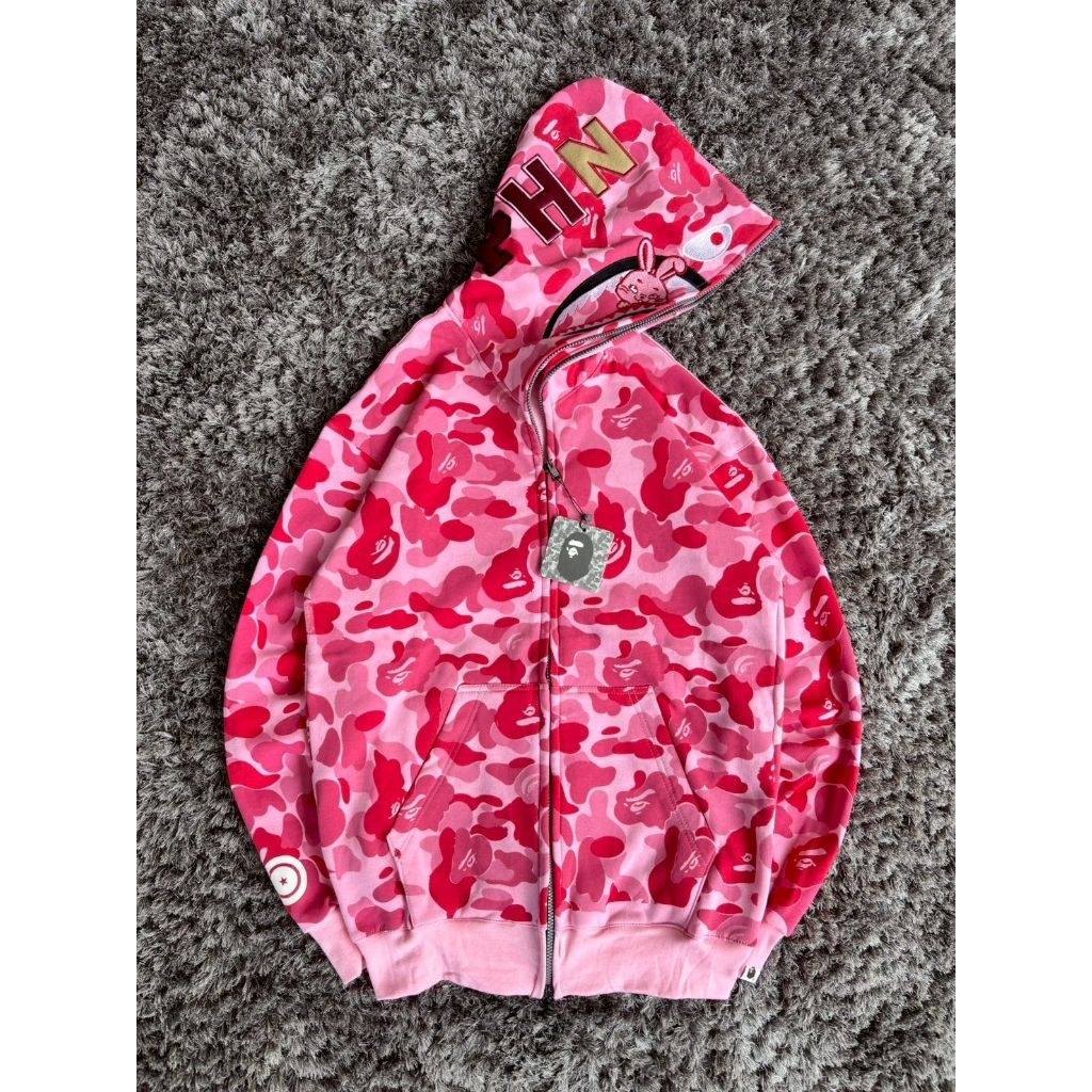 JAKET FULL ZIPPER HOODIE BAPE SHARK WGM CAMO BORDIR FULLPRINT (PINK) UNISEX