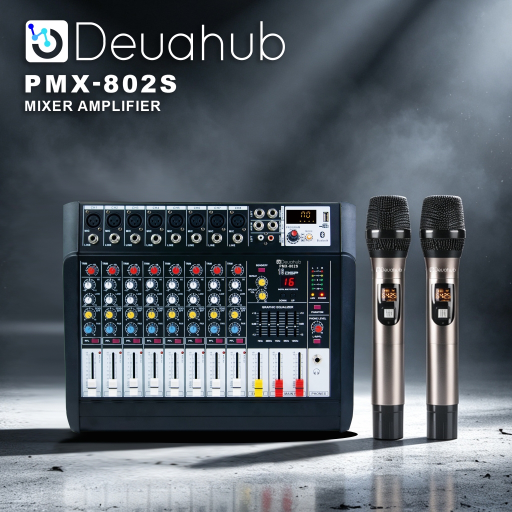 Deuahub Mixer Audio Profesional 8 Saluran PMX802S Dilengkapi Penguat Suara Terpasang 650W×2  Bonus 2