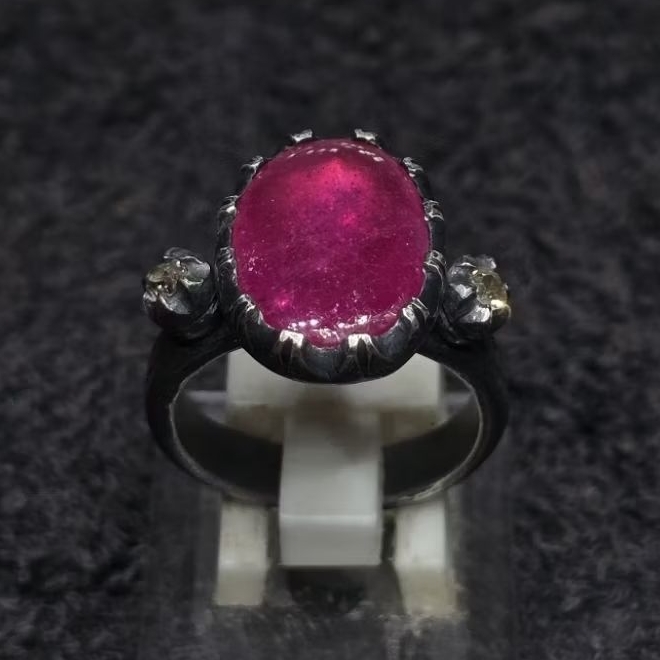 cincin bandilan mata 3 ruby berlian perak antik kuno