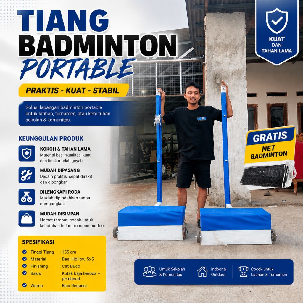 Tiang Badminton Portable Besi Hollo 5x5 cm + Roda & Pemberat Cor 50kg – Tiang Net Badminton Lapangan