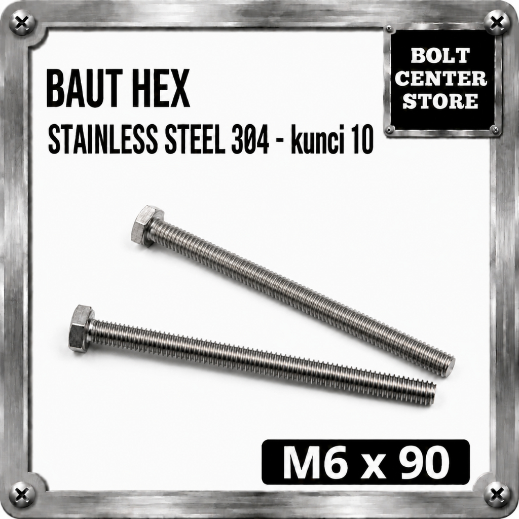 Baut Hex M6x90 Stainless Steel / Baut Only M6x90 SS304 / Baut Hexagon M6x90 SUS304 Kunci 10