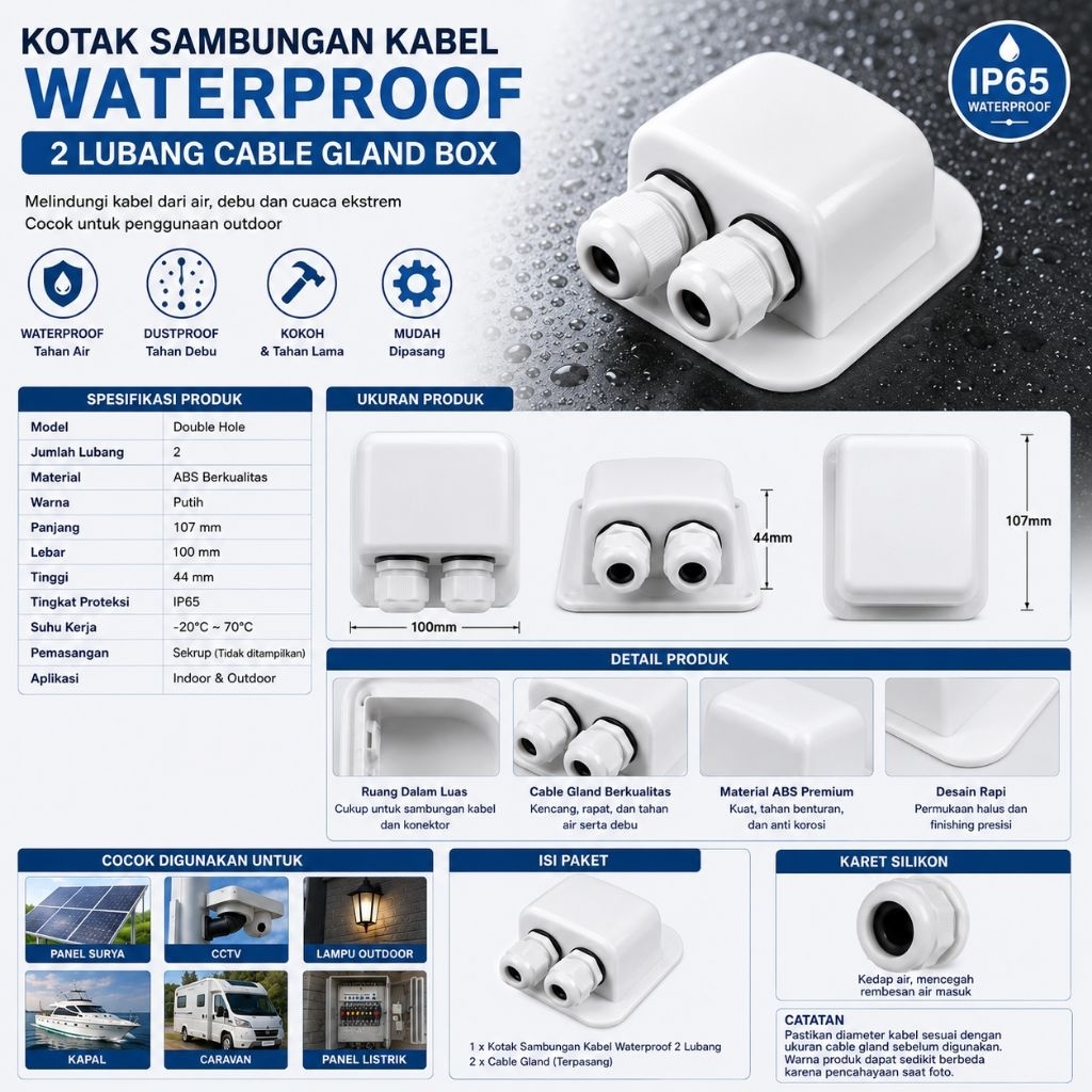 Kotak Sambungan Kabel Waterproof 2 Lubang IP65 Cable Entry Gland Box Junction Box Panel Surya CCTV O