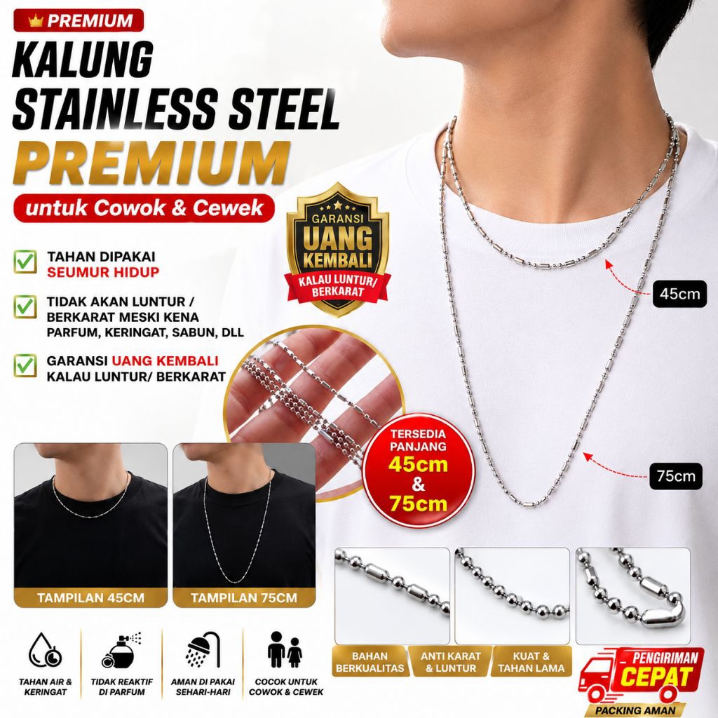 Kalung Stainless Steel Premium ANTI KARAT Cowok & Cewek Panjang 45cm & 75cm / Kalung MCI Titanium