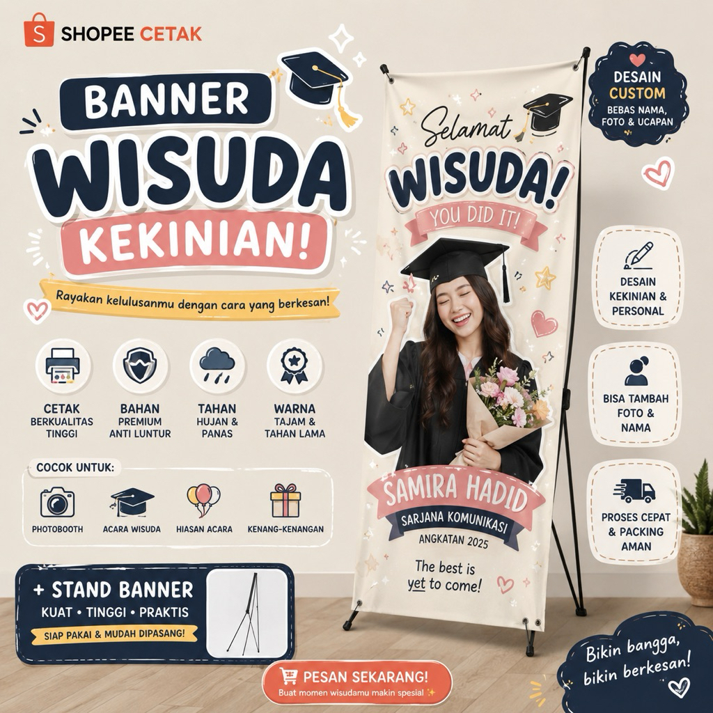 Banner Wisuda Custom Kekinian + X Banner Stand | Cetak Banner Wisuda Nama & Foto Sendiri