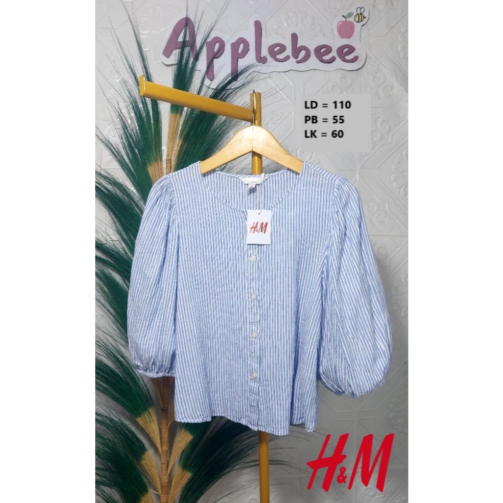 BLUS LINEN SALUR PUTIH BIRU LENGAN BALON BY HNM