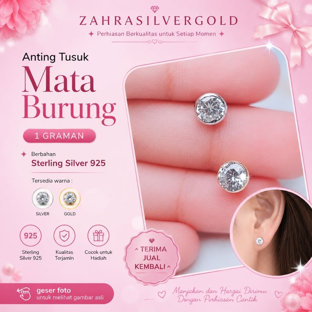 Anting Tusuk Giwang Mata Burung PERAK Asli Silver 925 Lapis Emas 1 Gram (Terima Jual Kembali)