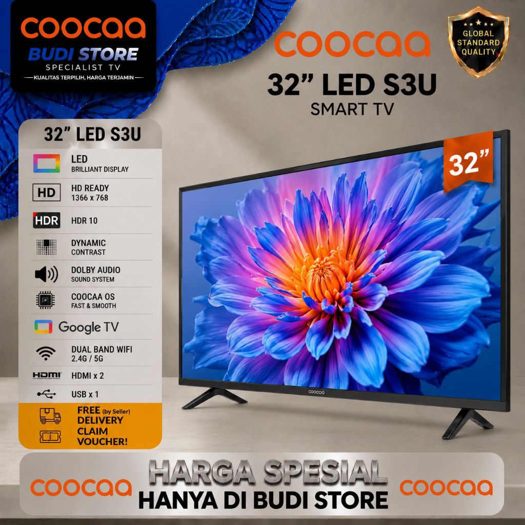 COOCAA Smart TV 32 Inch S3U HD Ready Google TV LED TV Digital DVB-T2 WiFi Resmi
