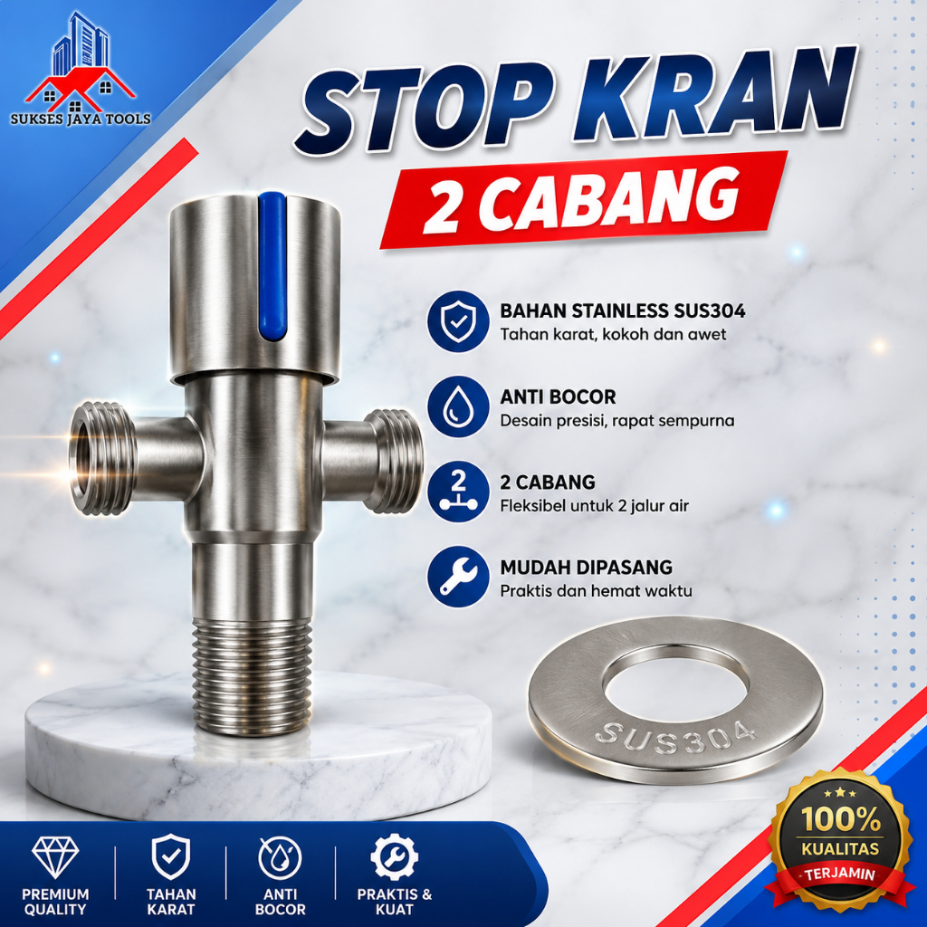 Stop Kran Cabang untuk Kran Shower Toilet Closet Jet Shower / Sambungan Keran 2 Lubang T 1/2 Inch