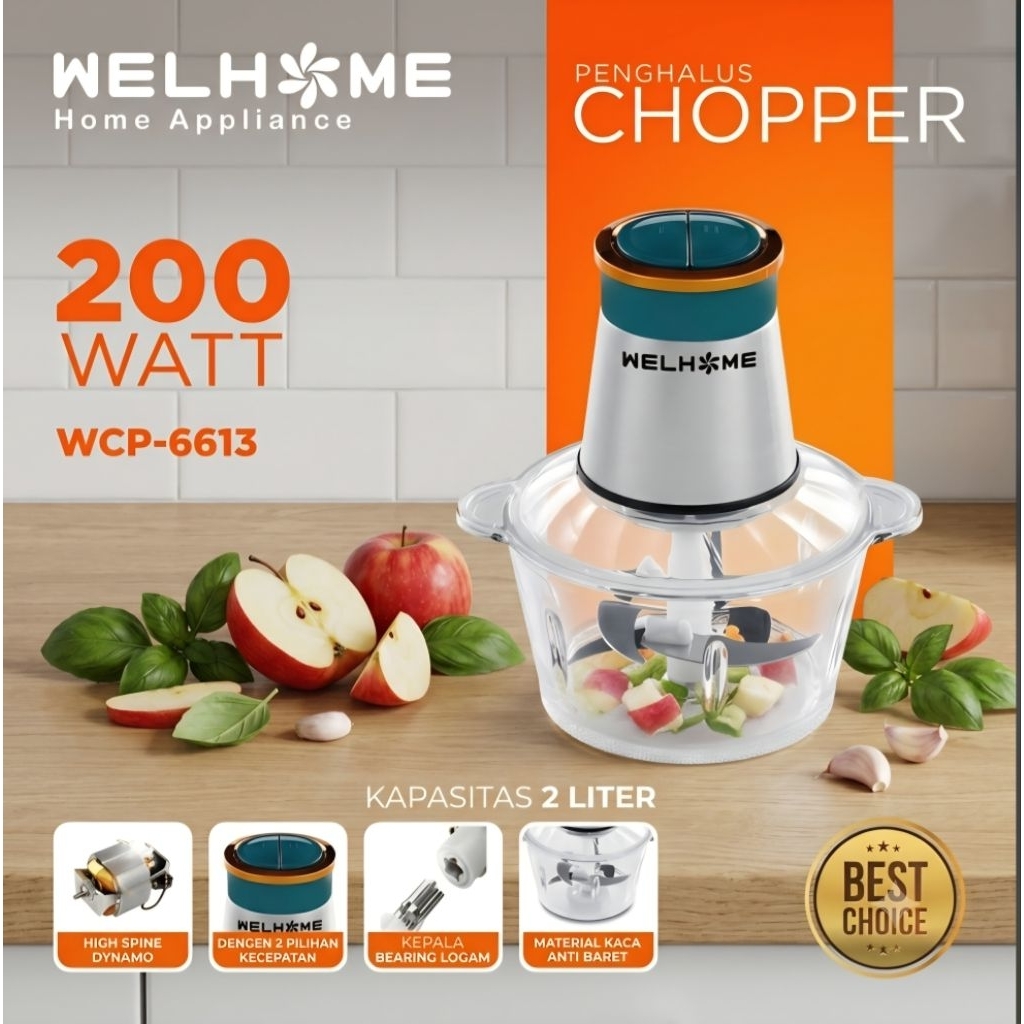 WELHOME CHOPPER PENGHALUS MANGKOK KACA 2L PISAU STAINLESS WCP-6613