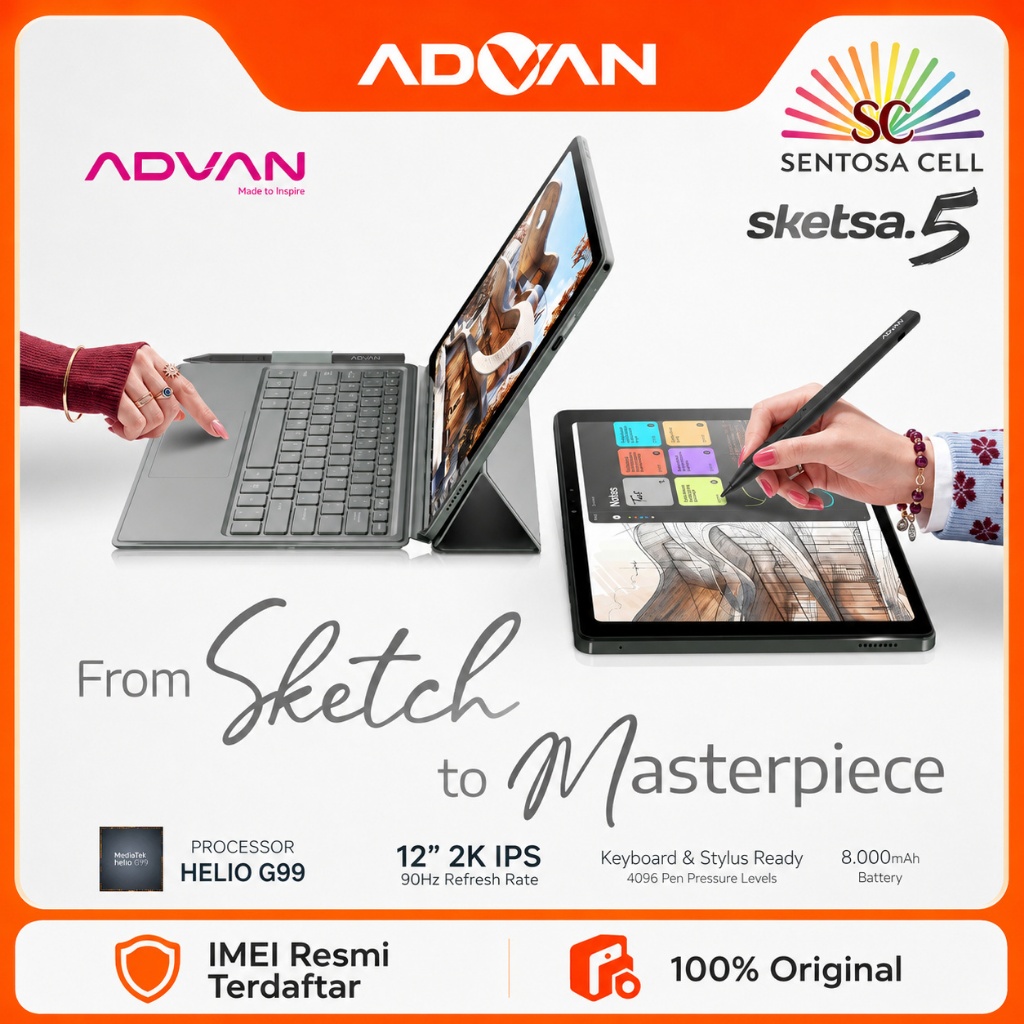 Advan Sketsa 5 Tablet 12” 2K IPS 90Hz Helio G99 ram 8GB / 128GB Battery 8.000 mAh