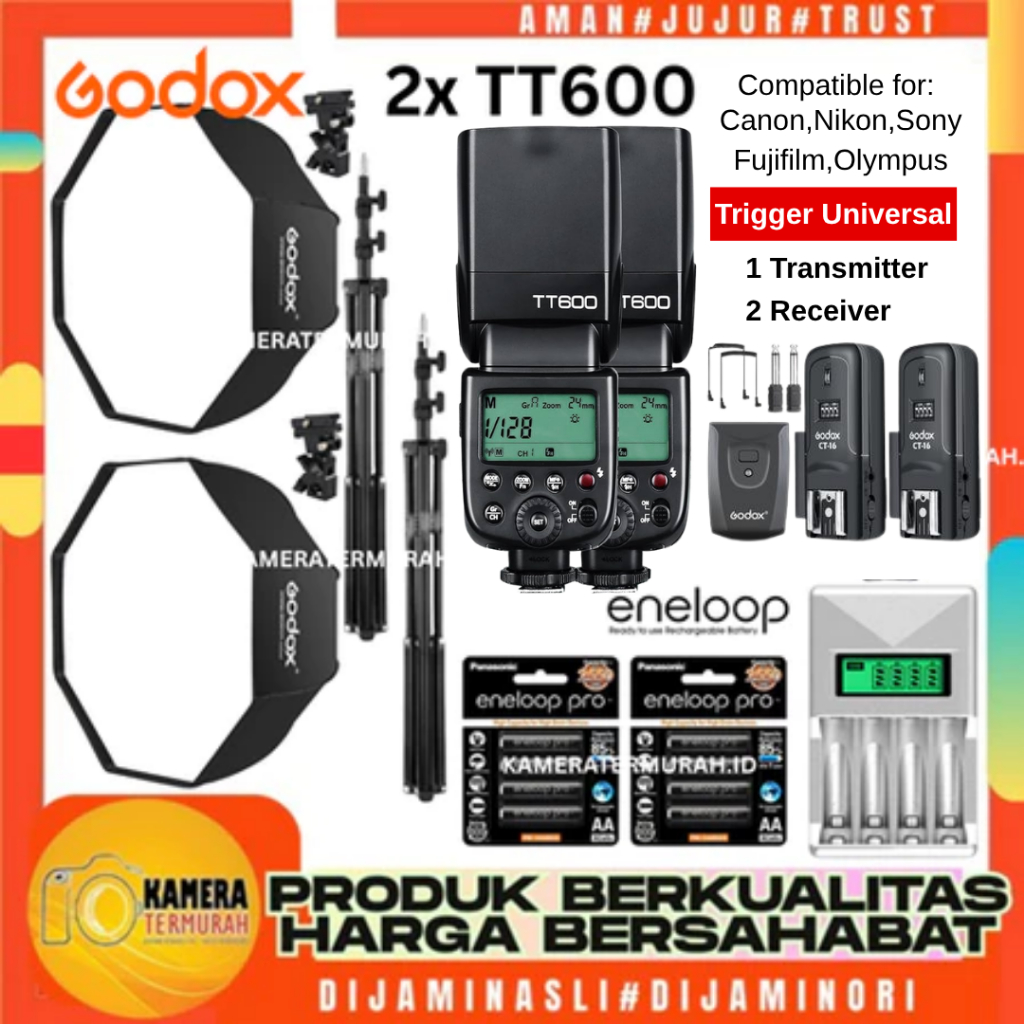 Godox 2x TT600 Flash Universal Dengan 1 Transmitter, 2 Receiver, Softbox, Eneloop Pro