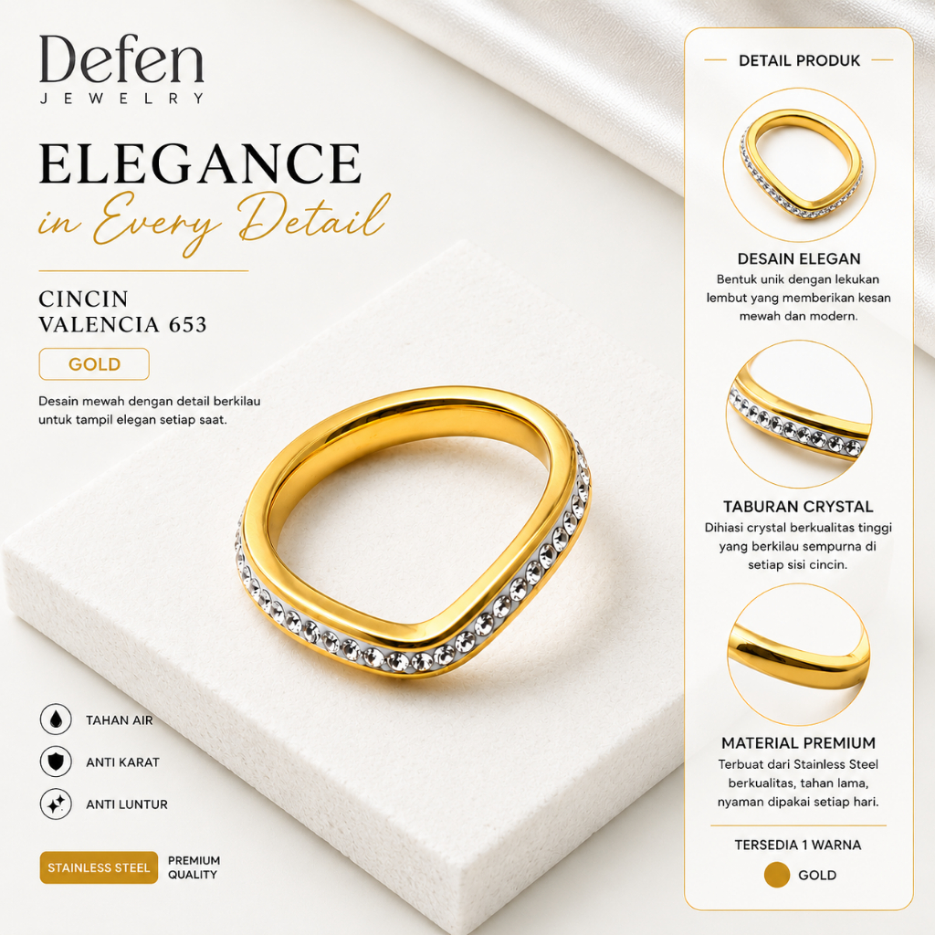 Defen Jewelry - Cincin Titanium Wanita Anti Luntur Perhiasan Perempuan Full Mata Mewah Elegan Anti K