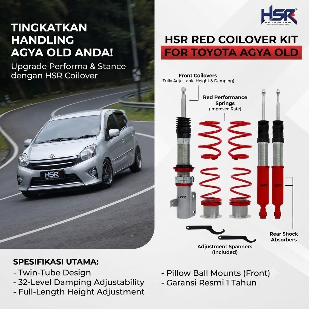 COILOVER MOBIL TOYOTA AGYA 1 SET COILOVER HSR RED DEPAN BELAKANG TOYOTA AGYA