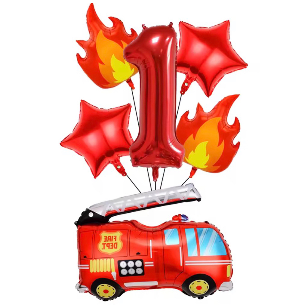 Set paket balon foil angka 80cm warna merah tema pemadam kebakaran fire truck firetruk api hiasan de