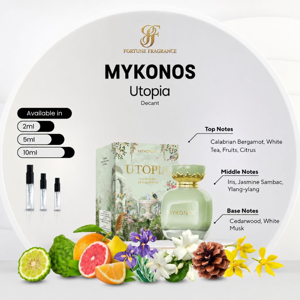Mykonos Utopia Decant Tester 2ml 5ml 10ml Parfum dengan Nota Top Calabrian Bergamot White Tea Fruits