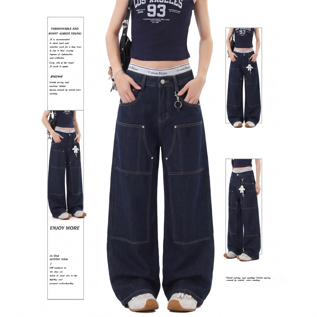[Keygirl] Celana Cargo Pants Denim Terbaru Straight Wide Leg Baggy Highwaist Jeans Hiphop Street Sty