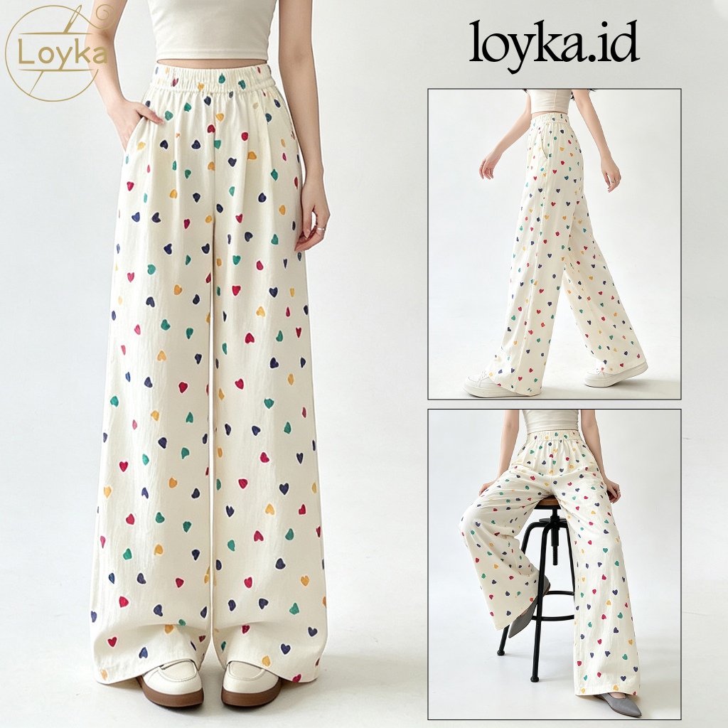 Loyka Celana Panjang Wanita Motif Hati Warna-Warni Putih Kasual Highwaist Korean Style Kulot Pants