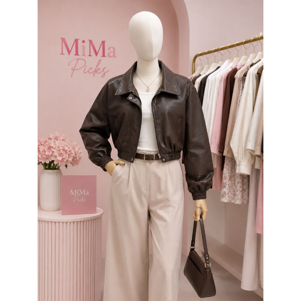 Jaket faux leather crop