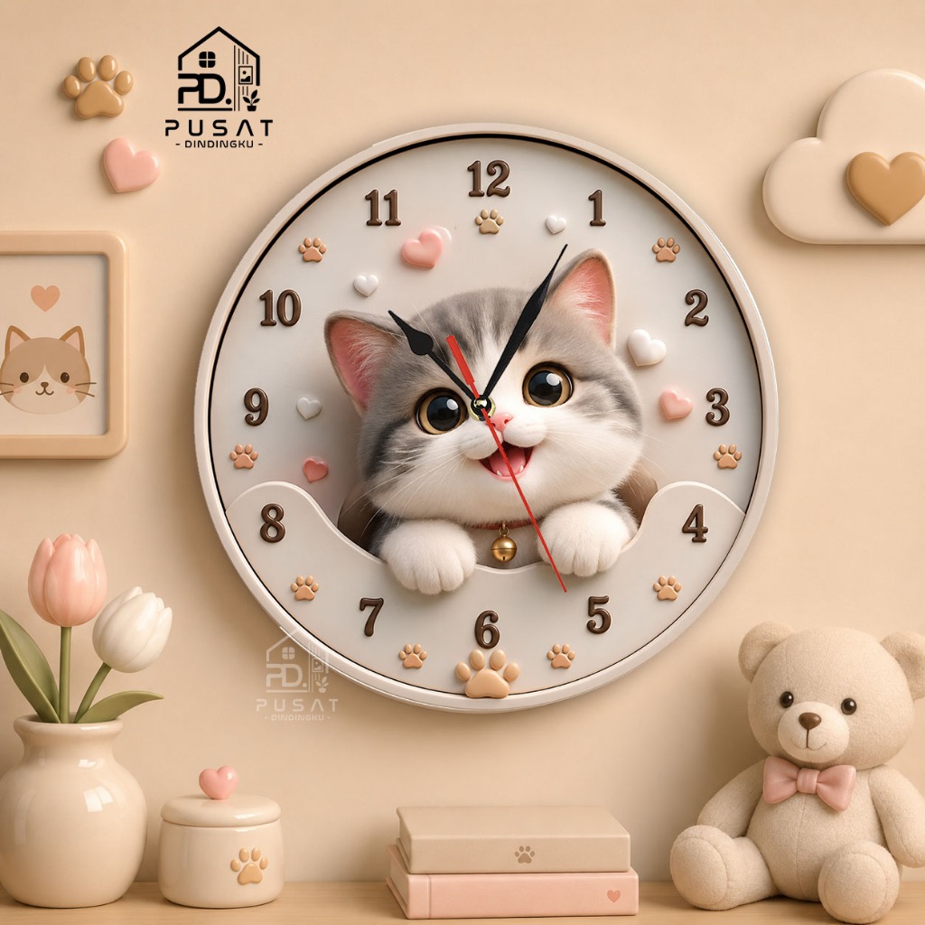 Pusat Dindingku - Jam Dinding Kayu - Hiasan Dinding Kamar |  Aksesoris Rumah Minimalis - Kucing Lucu