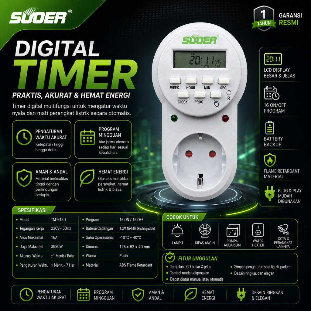 Timer Digital SUOER Stop Kontak Timer Otomatis 24 Jam Hemat Listrik