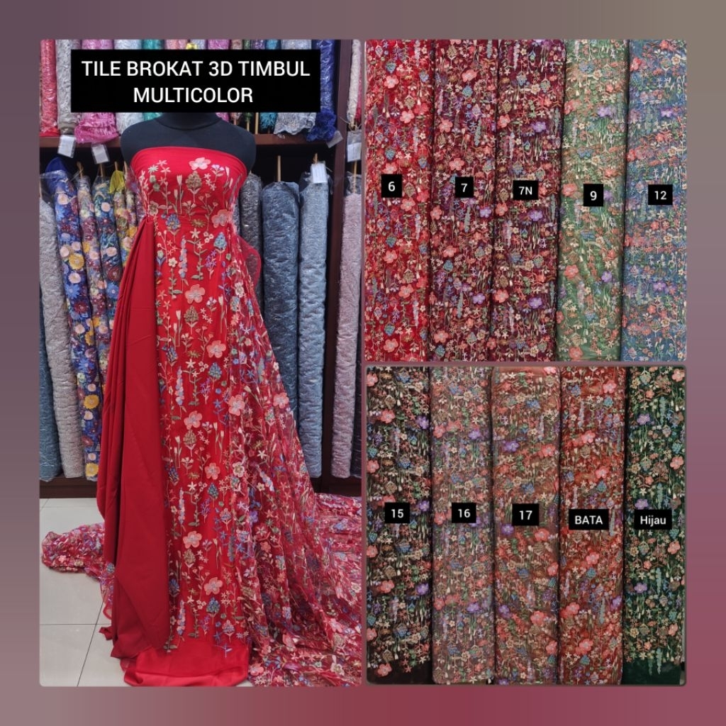 Tile Bordir Brokat Bunga 3D Timbul Multicolor Varian