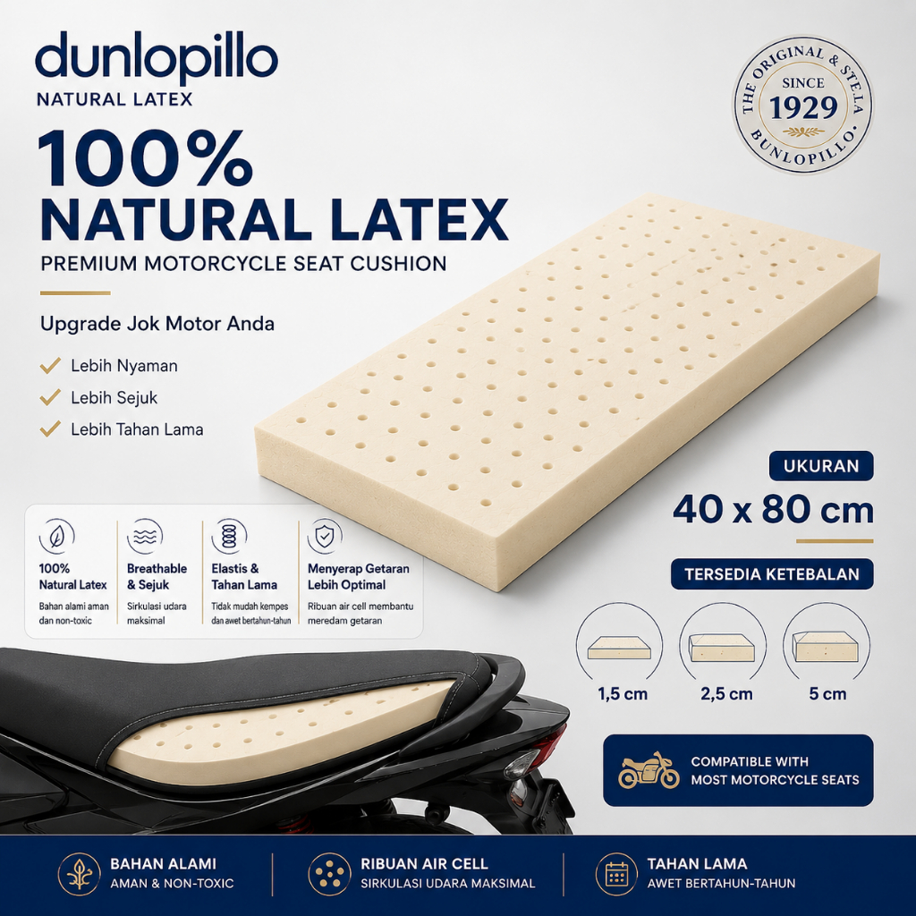 Latex Premium Jok Motor dan Mobil 40x80 Tebal 2,5 cm Natural Latex Dunlopillo